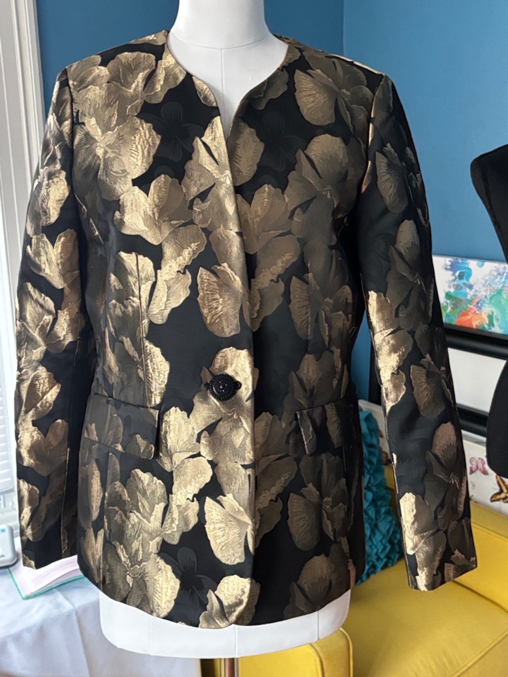 Kasper Black and Gold Floral Brocade Blazer